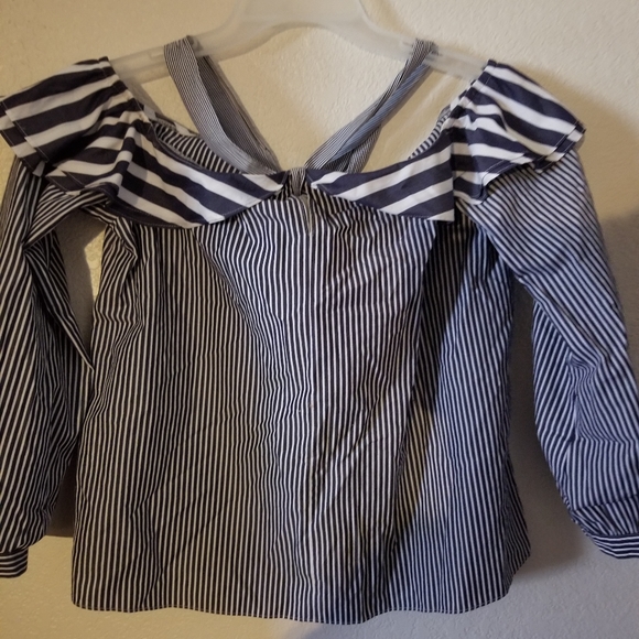 J. Crew Off The Shoulder Cropped Blue White Nautical Blouse - Picture 5 of 10